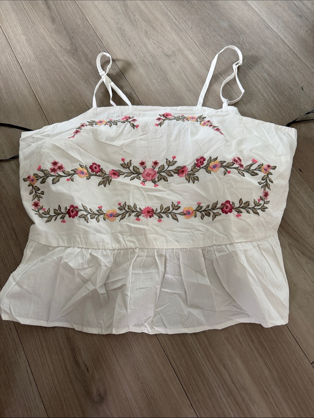 Forever 21 White Floral Embroidered Spaghetti-Strap Peplum Camisole